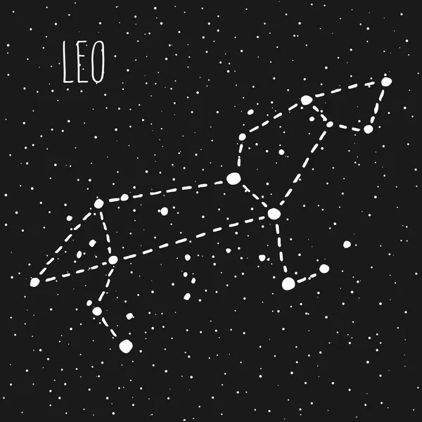 Leo Disegnato Mano Costellazione Segno Zodiacale Bianco Sopra Cielo Notturno — Vettoriale Stock