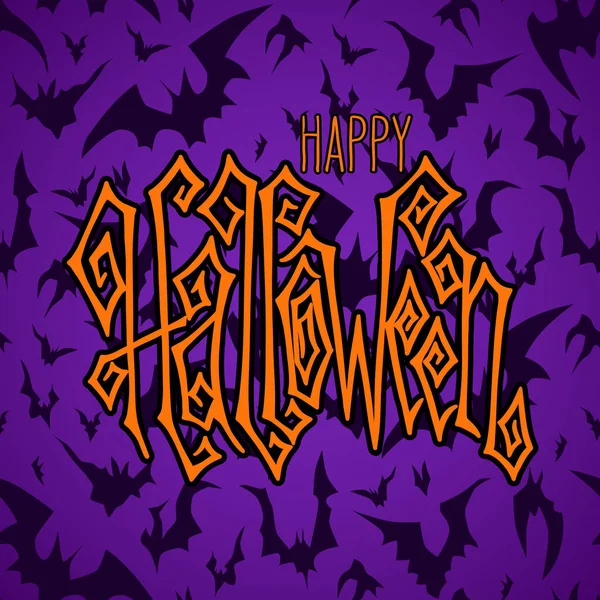 手绘快乐万圣节节日问候 传统橙色颜色在紫色飞行蝙蝠背景的当代刻字 — 图库矢量图片