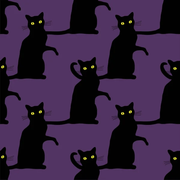 Traditionelles Halloween Nahtloses Muster Mit Gruseligen Schwarzen Katzen Auf Lila — Stockvektor