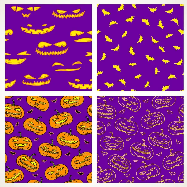 Set Four Traditional Halloween Seamless Patterns Scary Pumpkins Bats Orange — Stock Vector