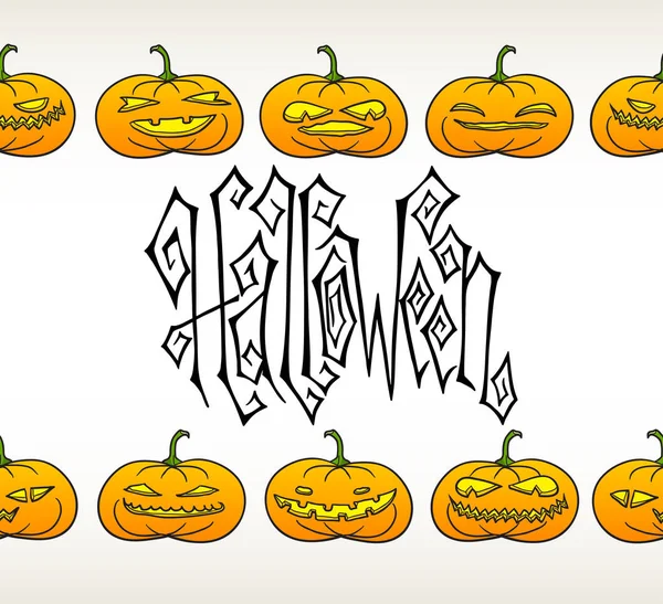 Biglietto Auguri Halloween Disegnato Mano Tradizionale Con Lanterne Zucca Raccapriccianti — Vettoriale Stock