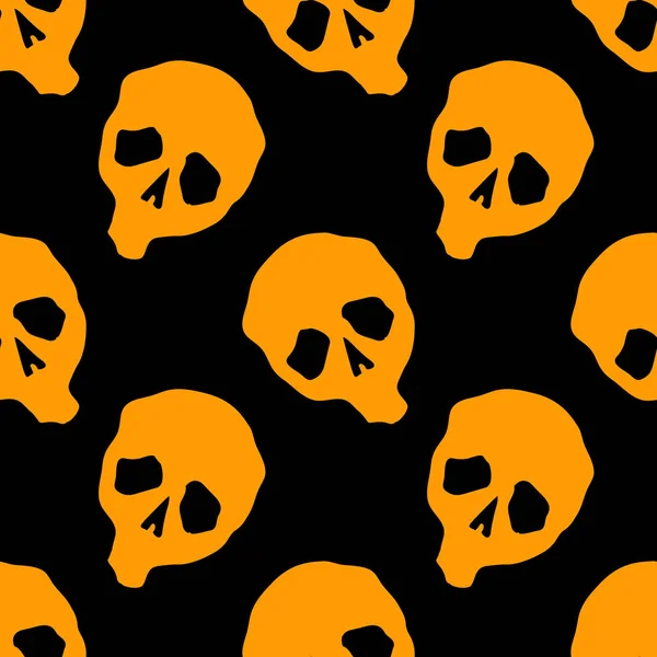 ベクターハロウィーンのドアの頭蓋骨シームレスなパターン パーティーポスターのデザインの背景 黒の上にオレンジで手描きの漫画イラスト — ストックベクタ