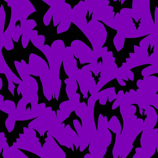 飛んでいるコウモリは ハロウィーンのシームレスなパターンをベクトルします パーティ告知ポスターの背景をデザインします 黒と紫の手描き漫画イラスト — ストックベクタ