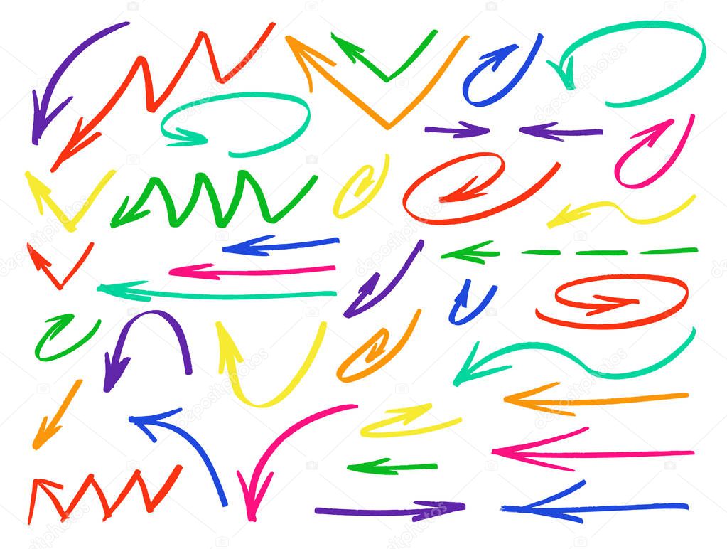 Hand drawn colorful arrows set. Collection of multicolor symbols isolated over white background. Vector illustration.