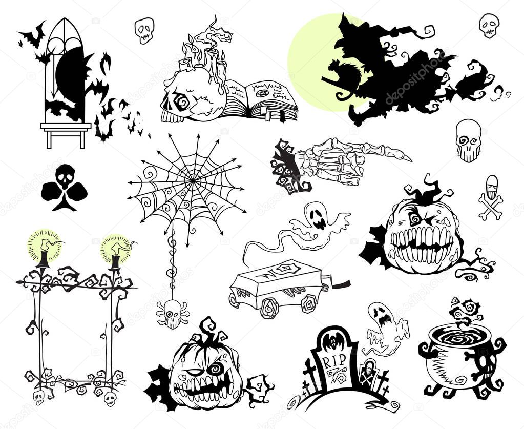 Big set of hand drawn Halloween celebration design elements. Vector illustration in black isolated over white. Witch, spiderweb, tombstone, pumpkin, cauldron, ghosts, coffin, skull, skeleton hand.