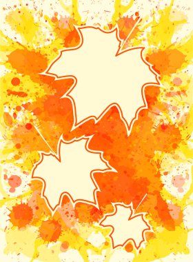 Üç sonbahar akçaağaç yaprakları parlak turuncu sanatsal boya arka plan üzerinde boş çerçeve metin, dikey biçim için yer ile.