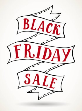 Siyah Cuma satış tasarlamak vektör çizim. Elle çizilmiş yazı şablonu. Kırmızı harflerle ve beyaz bitti izole katlanmış kurdele afiş.