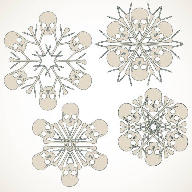 Kafatasları ve kemikleri bej beyaz arka plan üzerinde izole yapılmış vektör kar taneleri kümesi.