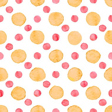 Beyaz bitti izole yuvarlak kırmızı ve turuncu nokta sorunsuz elle çizilmiş suluboya desen yaptı.