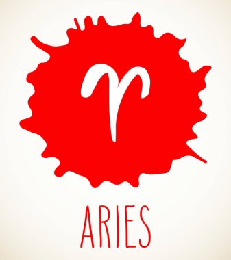 Koç çizilmiş Zodyak işareti illüstrasyon kırmızı boya sıçramak leke ver. Vektör grafik Astroloji sembolü tasarım öğesi beyaz bitti izole.