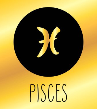 Balık çizilmiş Zodyak işareti şekil ver. Vektör grafik Astroloji sembolü tasarım öğesi altın arka plan üzerinde siyah daire.