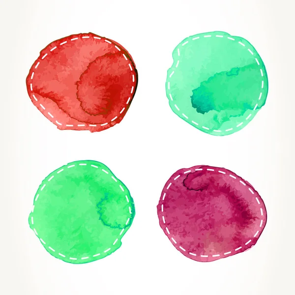 Hand drawn colorful green and red watercolor circles with dash outline, isolated over white. Vector design element illustration.