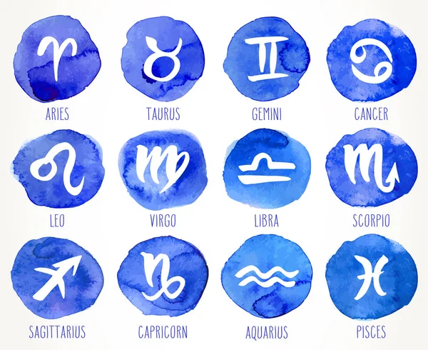 收集的手画生肖标志 占星术设计元素设置 在白色的蓝色水彩圈子里的矢量图解插图 — 图库矢量图片