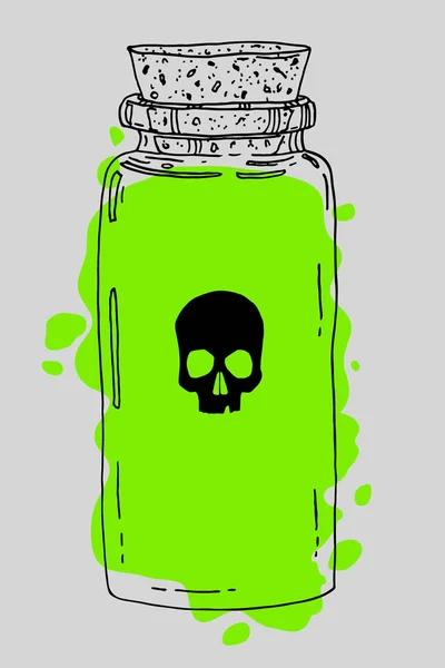 Vintage Glass Jar Acid Green Poison Skull Halloween Vector Hand — Stock Vector