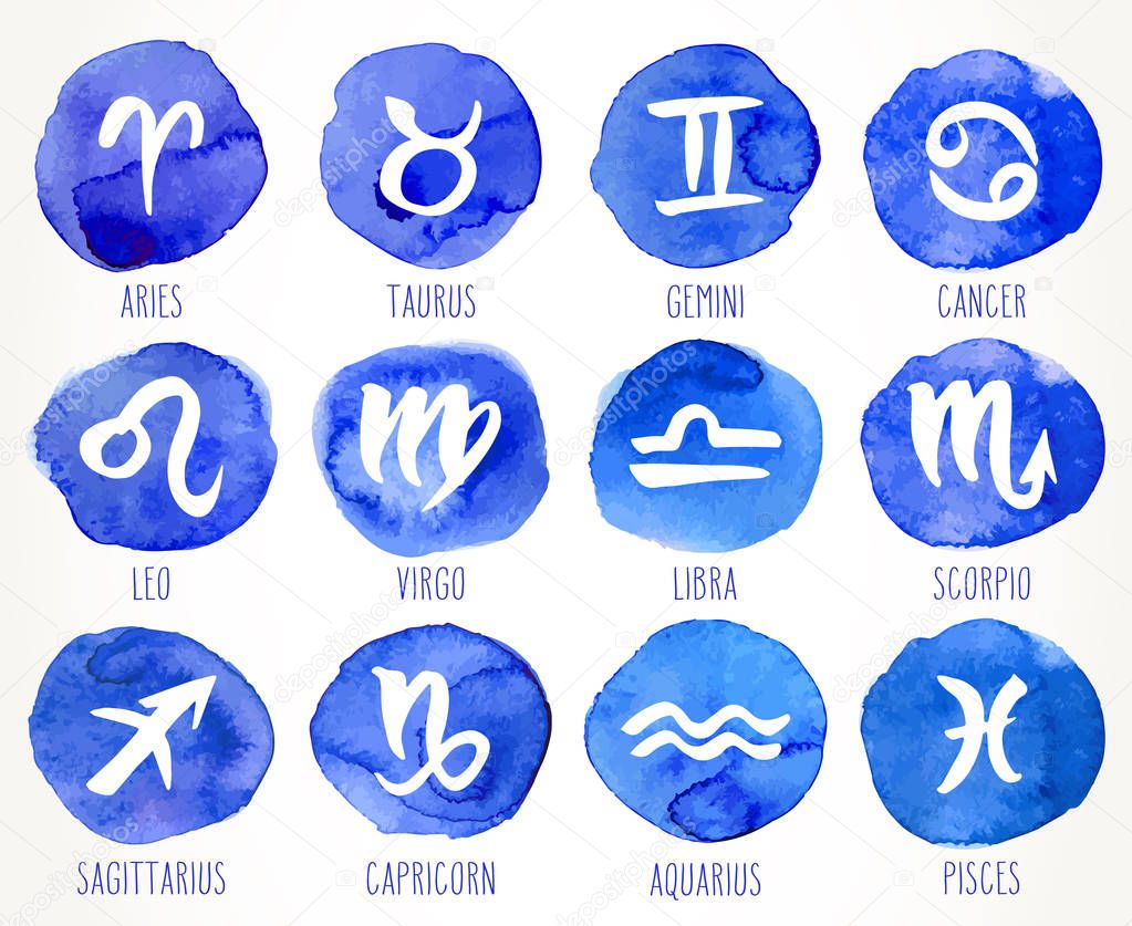 Collection of hand drawn zodiac signs. Astrology design elements set. Vector graphic illustration in blue watercolor circles isolated over white.