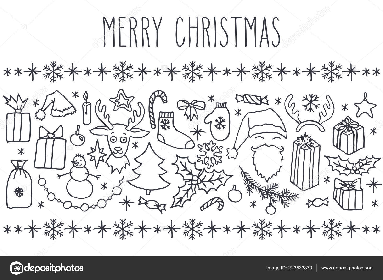 Christmas Vector Hand Drawn Doodle Card Greetings Black White