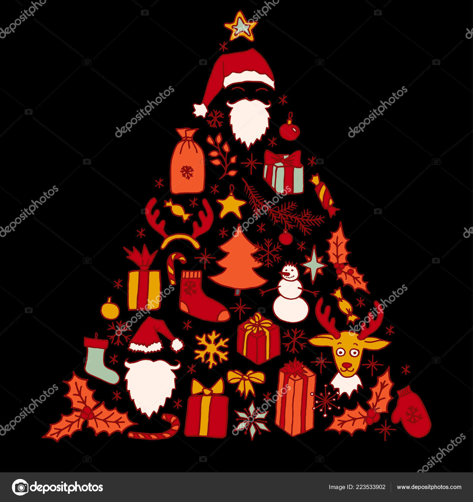 Set Christmas Hand Drawn Doodle Greeting Card Elements Black Santa
