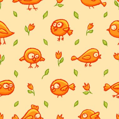 Sevimli küçük el çekilmiş turuncu kuşlar seamless modeli. Retro renklerde komik kuşlar ile karikatür vektör arka plan.