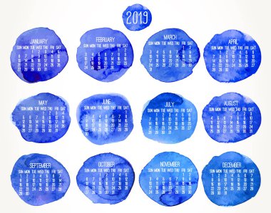 Yıl 2019 vektör aylık takvim. Hafta Pazar başlayarak. El Mavi suluboya boya daire iddialı tasarımı beyaz arka plan üzerinde çekilmiş..