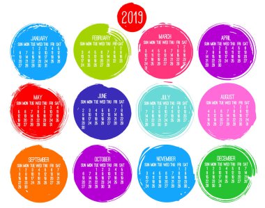 Yıl 2019 çağdaş vektör aylık takvim. Hafta Pazar başlayarak. El fırça konturu çok renkli daire tasarım beyaz arka plan üzerinde çizilmiş..