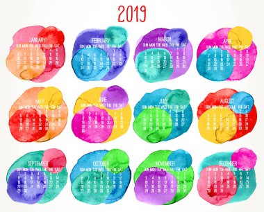 Yıl 2019 vektör aylık takvim. Hafta Pazar başlayarak. El çekilmiş çok renkli suluboya boya daireler iddialı tasarımı beyaz arka plan üzerinde.