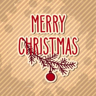 Üzerinde köknar ağacı dalı olan el çizimi tebrik kartı ve çizgili kahverengi arka plan üzerine Mutlu Noeller. Tatil vektör illüstrasyonu.