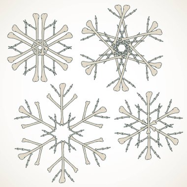 Bej beyaz arka plan üzerinde izole kemiklerde yapılmış vektör kar taneleri kümesi.