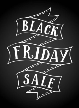 Siyah Cuma satış tasarlamak vektör çizim. Elle çizilmiş yazı şablonu. Beyaz harflerle ve siyah üzerinde izole katlanmış kurdele afiş.