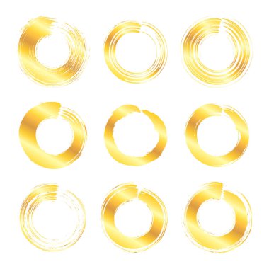 Beyaz arka plan üzerinde izole çeşitli altın yuvarlak grunge fırça darbeleri topluluğu. Tasarım öğeleri kümesi. Vektör çizim.