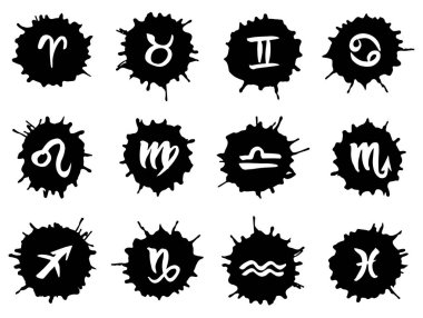 Koleksiyon el zodyak işaretleri çizilmiş. Vektör grafik Astroloji ayarlayın. Beyaz arka plan üzerinde izole siyah mürekkep lekesi.