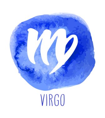 Burç başak el çekilmiş. Astroloji tasarım öğesi. Vektör grafik illüstrasyon mavi suluboya daire beyaz bitti izole.