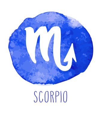Akrep el burç çekilmiş. Astroloji tasarım öğesi. Vektör grafik illüstrasyon mavi suluboya daire beyaz bitti izole.
