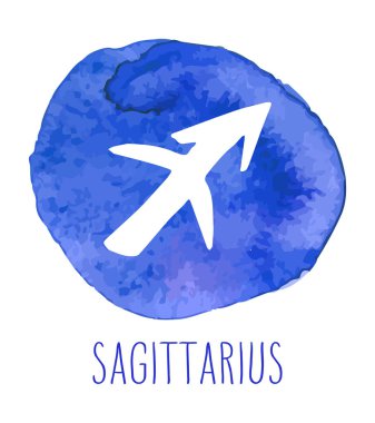 Burç yay el çekilmiş. Astroloji tasarım öğesi. Vektör grafik illüstrasyon mavi suluboya daire beyaz bitti izole.