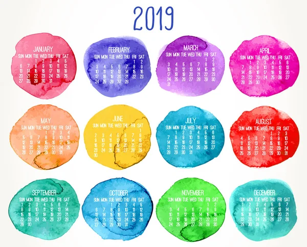 Anno 2019 Calendario Mensile Vettoriale Settimana Partire Domenica Pittura Acquerello — Vettoriale Stock