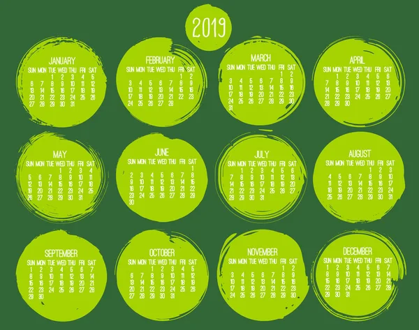 Jahr 2019 Zeitgenössischer Vektor Monatskalender Woche Sonntag Hand Gezeichnet Grüner — Stockvektor