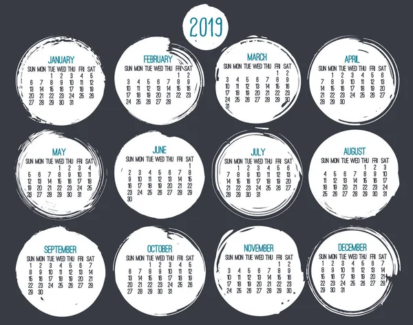 Année 2019 Vecteur Contemporain Calendrier Mensuel Semaine Partir Dimanche Brosse — Image vectorielle