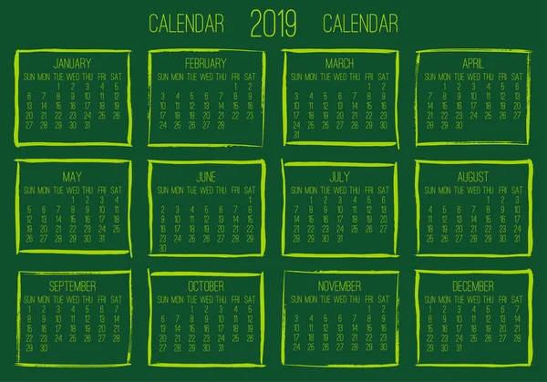 Jahr 2019 Vektor Monatlicher Moderner Kalender Woche Sonntag Zeitgenössisches Handgezeichnetes — Stockvektor