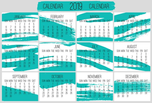 Roku 2019 Vektor Měsíční Kalendář Moderní Týden Neděle Moderní Ručně — Stockový vektor