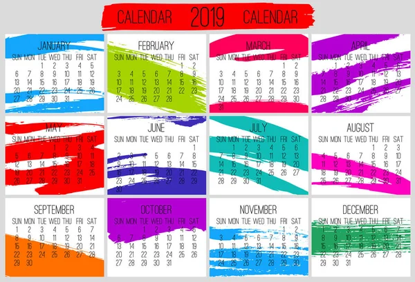 Año 2019 Vector Calendario Moderno Mensual Semana Partir Del Domingo — Vector de stock