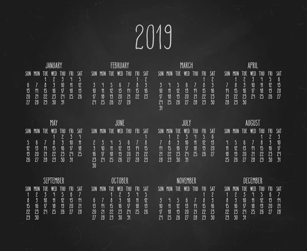 黒い黒板背景に 2019 年の手書きのチョーク ベクトル カレンダー — ストックベクタ