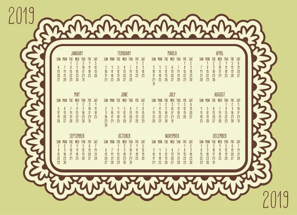 Año 2019 Simple Vector Contemporáneo Calendario Mensual Semana Partir Del — Archivo Imágenes Vectoriales