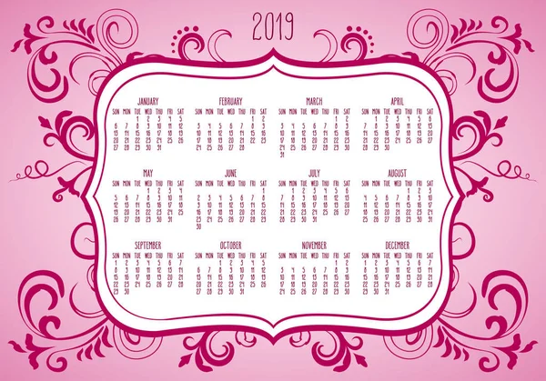 Ano 2019 Planície Vetor Contemporâneo Calendário Mensal Semana Partir Domingo —  Vetores de Stock