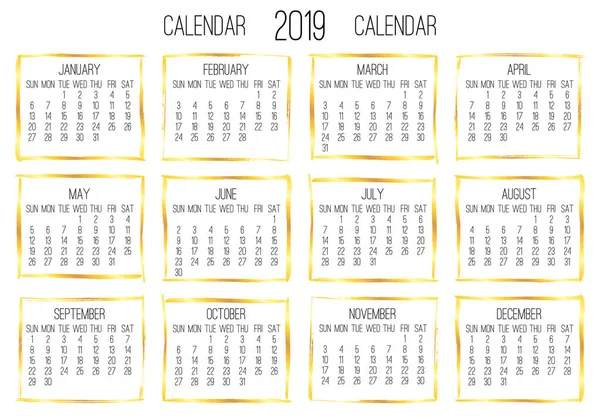 2019 Vektor Moderna Månadskalender Veckan Från Söndag Samtida Golden Brush — Stock vektor