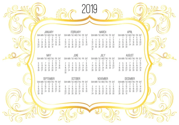 Year 2019 Vector Monthly Calendar Week Starting Sunday Victorian Ornate — Stock Vector