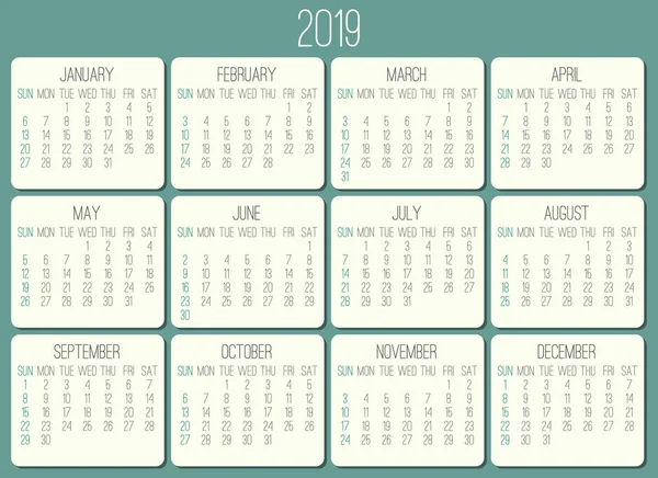 Year 2019 Plain Contemporary Vector Monthly Calendar Week Starting Sunday — Stock Vector