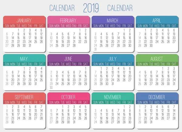 Año 2019 Simple Vector Contemporáneo Calendario Mensual Semana Partir Del — Vector de stock