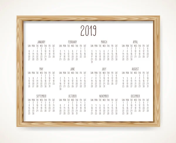 Année 2019 Vecteur Calendrier Mensuel Semaine Partir Dimanche Texte Dessiné — Image vectorielle