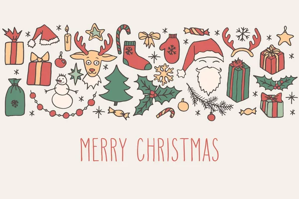Weihnachten Handgezeichnete Doodle Grußkarte Mit Handgeschriebenen Grüßen Retro Farben Weihnachtsmann — Stockvektor
