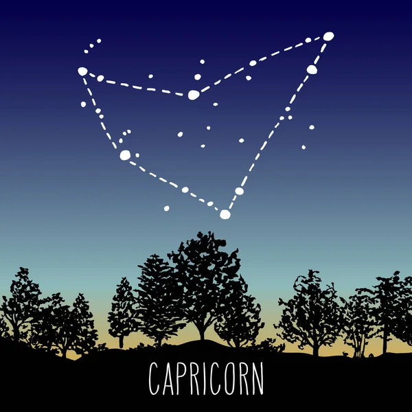 Capricorne Dessiné Main Constellation Signe Zodiaque Dans Ciel Crépusculaire Sur — Image vectorielle