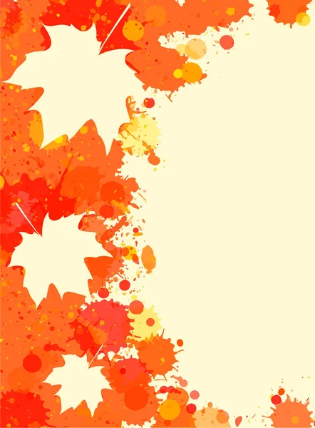 明るいオレンジ色の水彩絵の具スプラッタ カエデの葉を縦 つの秋とフレーム — ストックベクタ